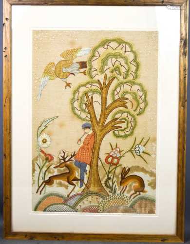 A French needlwork panel, depicting boy beneath a tree with ...