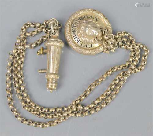 A Victorian officers lion headed cross belt whistle and chai...