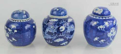 Three Chinese blue and white ginger jars, two with prunus de...