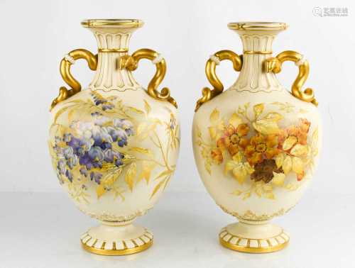 A pair of Royal Worcester porcelain vases, circa 1890, of ov...