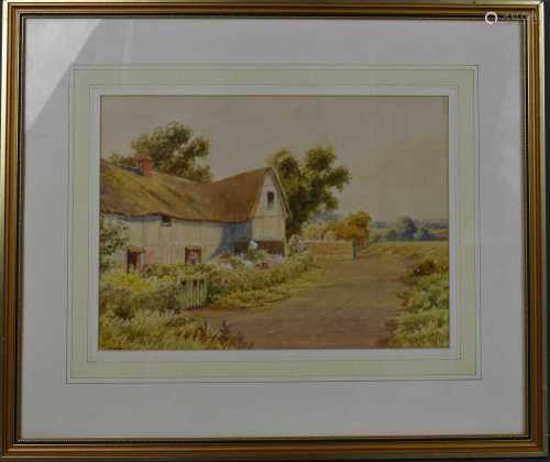 C.H Baldwin, Thatched cottage and rose gardem watercolour, s...