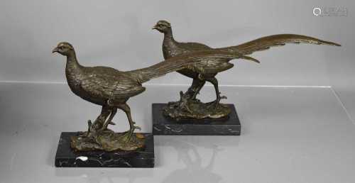 A pair of Art Deco bronze pheasants on marble base, J.B Depo...