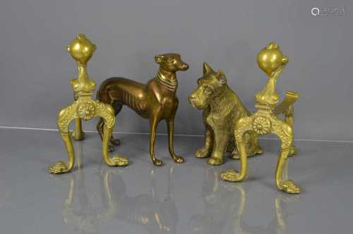 A group of brass items, comprising a pair of fire dogs, with...