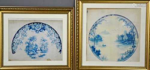 Two 19th century watercolours depicting blue and white plate...