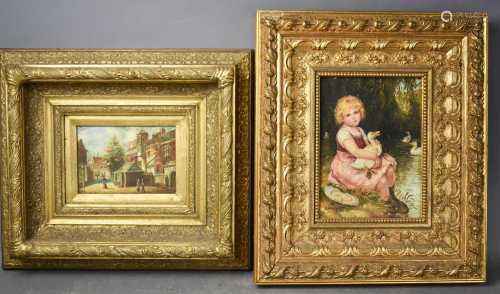 Two antique style pictures with gold painted frames, one dep...