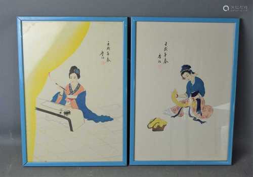 A pair of framed and glazed Japanese Geisha paintings (possi...