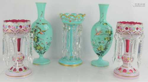 A pair of Victorian pink mantle lustre vases decorated with ...