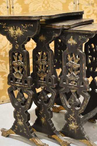 A 19th century Chinese nest of tables, each top decorated wi...