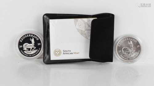 Two Silver 1oz Krugerrands, cased, with certificate, limited...