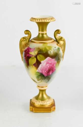 A Royal Worcester urn shaped vase, painted with roses, no. 1...