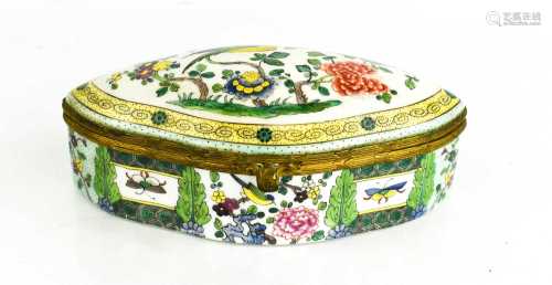 A Victorian polychrome porcelain box, of oval form, depictin...