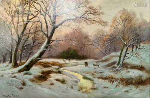 Malcolm Fraser (1868-1949): Sheep in winter landscape, oil o...