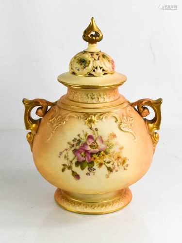 A Royal Worcester blush ivory vase, and cover with painted f...