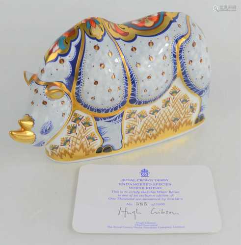 A Royal Crown Derby paperweight, White Rhino, from the endan...