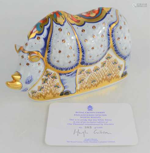 A Royal Crown Derby paperweight, White Rhino, from the endan...