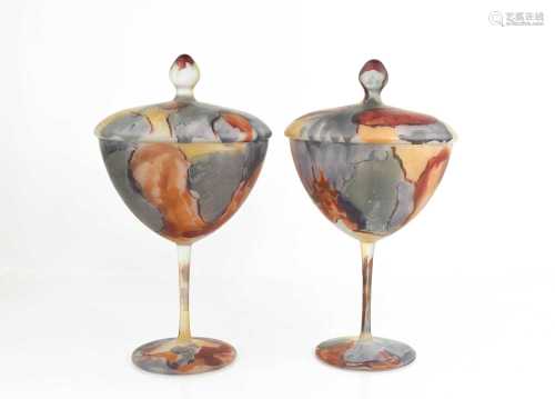 A pair of 20th century painted glass goblets and covers, pai...