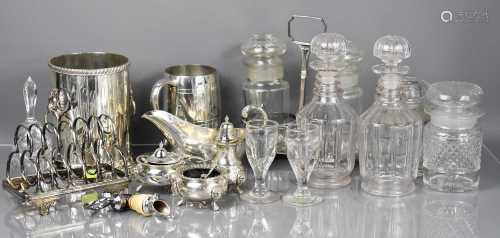 A quantity of glass and silver plateware, to include wine co...