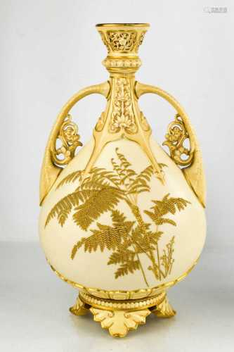 A Royal Worcester vase decorated with gilded ferns, with twi...