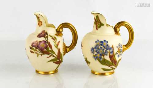 Two Royal Worcester flat back jugs, blush ground, painted wi...