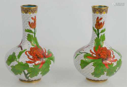 A pair of Chinese white ground cloisonne vases with turquois...