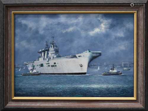 Jack Rigg (20th century): aircraft carrier, oil on canvas, s...