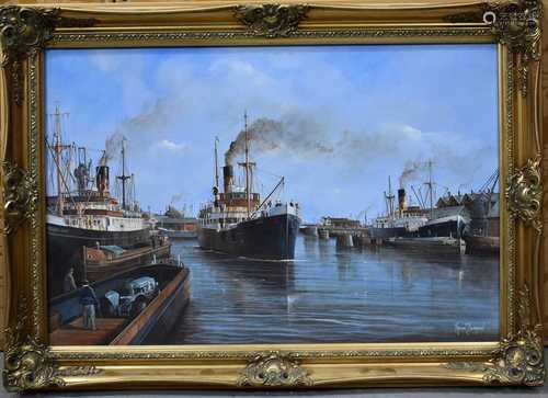 Adrian Thompson (20th century): Ships in the harbour, signed...