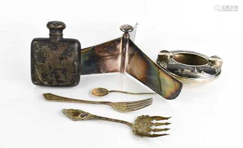 A silver hip flask, silver fork, a niello work sterling silv...