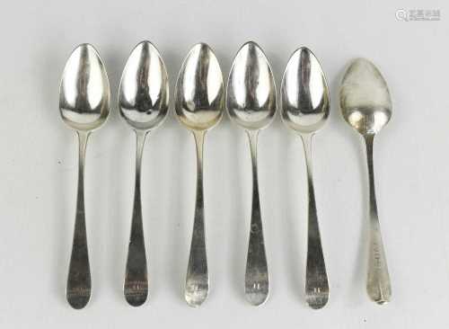 A set of six Georgian silver spoons, each engraved with the ...