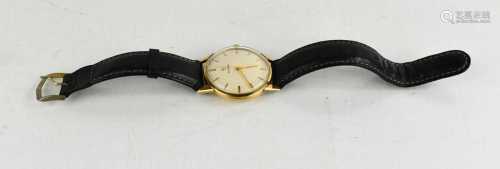 A Cyma 9ct gold cased wristwatch, with black leather strap.