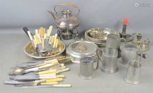 A group of pewter and silver plated items to include tankard...