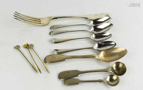 A group of silver spoons, fork and three cocktail sticks, 17...