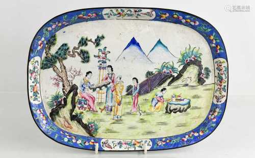 A 19th century Chinese metal enamelled tray, hand painted to...