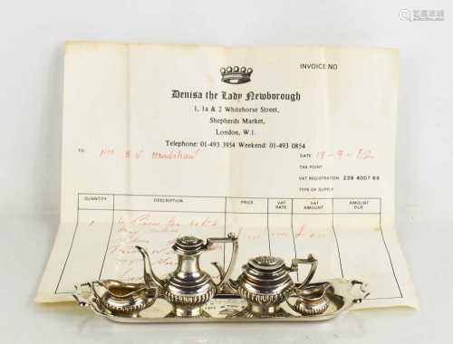 A silver miniature four piece tea set and tray, Birmingham 1...