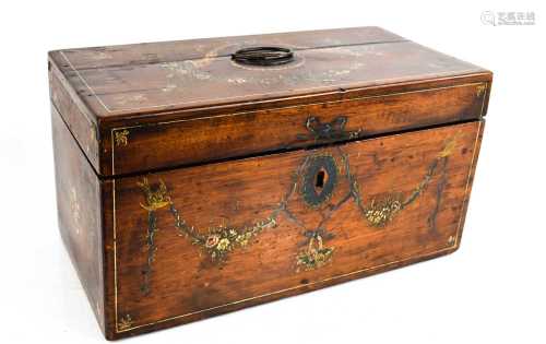 A George III mahogany tea caddy with painted garlands, fitte...