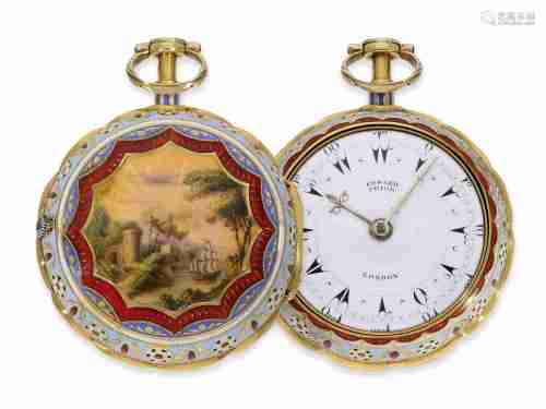Pocket watch: exquisite gold/enamel pair case verge watch re...