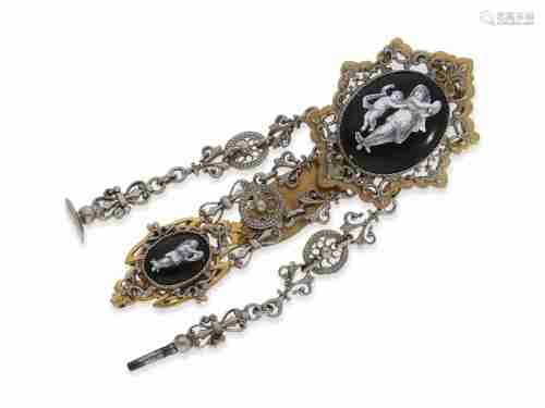 Chatelaine: rare and exceptional chatelaine with 2 enamel pl...