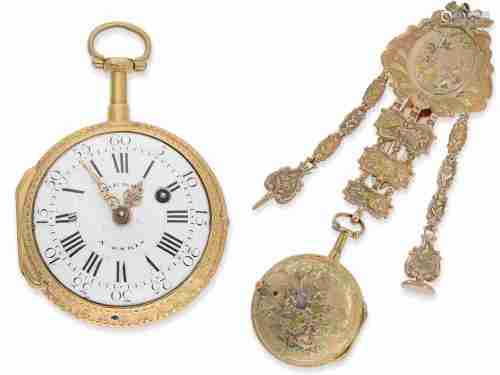 Pocket watch: museum quality 4-coloured 20K gold relief verg...