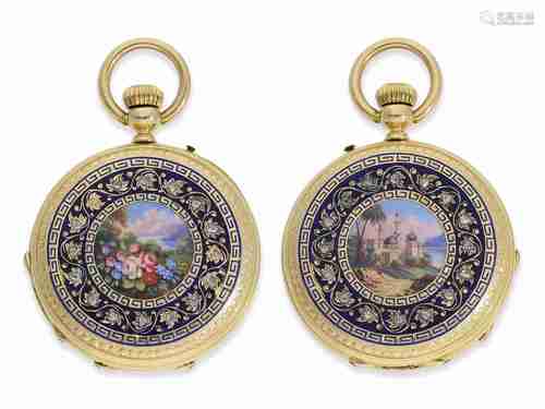 Pocket watch: magnificent gold/enamel hunting case watch set...