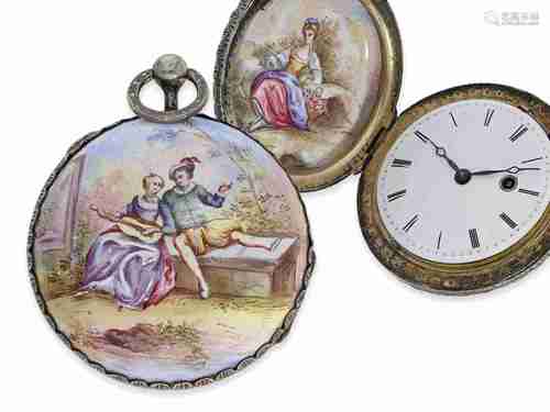 Pocket watch: unusually large enamel verge watch with 4 enam...