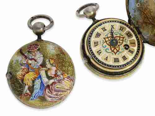 Pendant watch: miniature enamel pendant watch with 4 paintin...