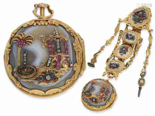 Pocket watch/chatelaine: important museum gold/agate verge w...