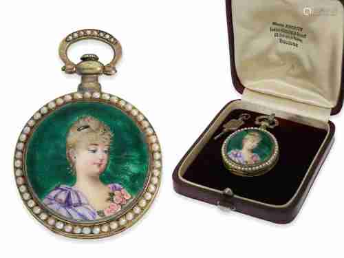 Pocket watch: rare enamel pocket watch with pearl setting an...