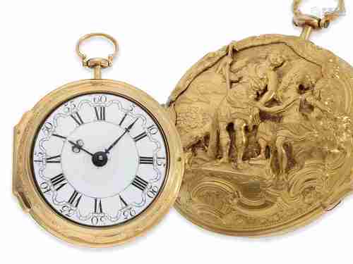 Pocket watch: important 22K repoussé verge watch in exceptio...