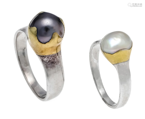 2 designer pearl rings silver