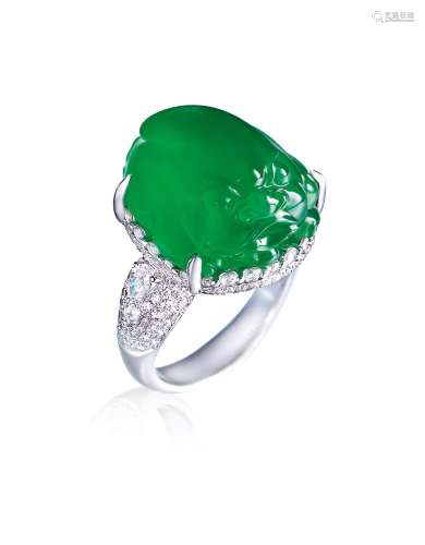 天然满绿翡翠貔貅配钻石戒指