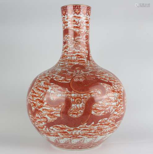 Globular Shape Vase with Gold-traced Design and Iron Red Gla...