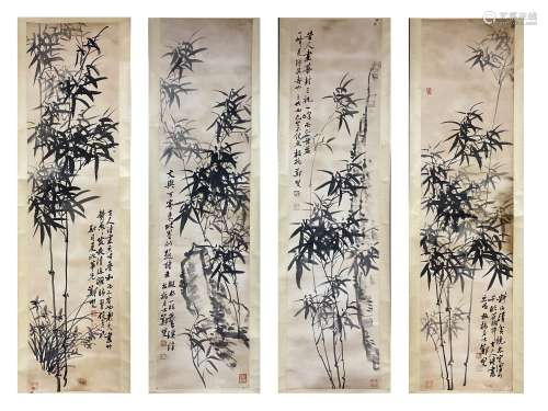 Four Pieces Ink Bamboo Painting, Scroll, Zheng Banqiao