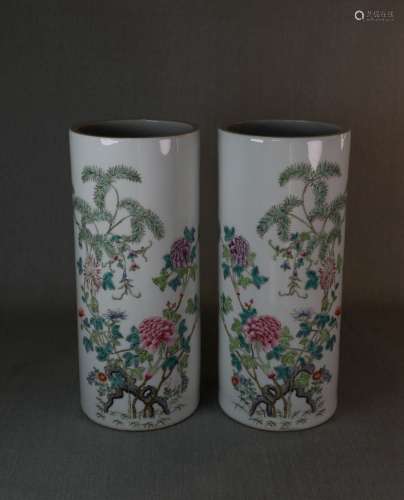 Pair Chinese Porcelain Famille Rose Hat Vases