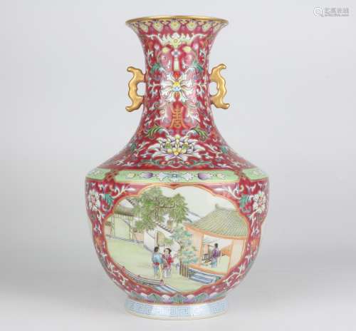 Famille-rose Double-ear Vase with Gold-traced Design of Figu...