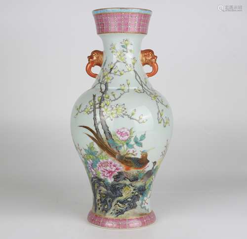 Elephant-ear Vase with Peony, Floral and Bird Patterns in En...